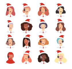 Cartoon Christmas avatar set of cute happy young women customer support phone operator with mix race nationality in Santa hat. Illustration of portrait of smiling girl. Callcenter worker with headset