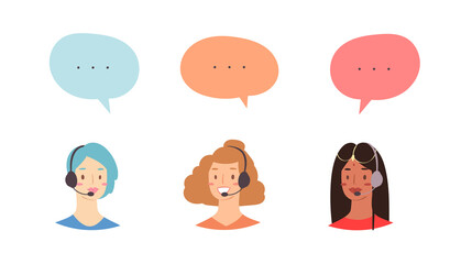 Cartoon avatar set of cute happy young women customer support phone operator with mix race nationality. Portrait of smiling girls, call center workers with headset and speech bubbles with web icons
