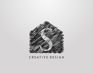 S Letter Logo. Abstract hand drawn house line stroke shape with negative space of letter S. Modern, minimalist and retro concept design.