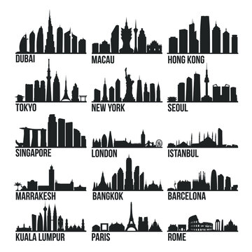 Touristic Cities Most Famous Skyline City Silhouette Design Collection Set Pack