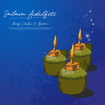Eid greeting card design with traditional kerosene lamp or known as Pelita Raya. Word "salam aidilfitri, maaf zahir batin&ldquo; translates to wishing you a joyous Fasting Day of Celebration. Doodle concept