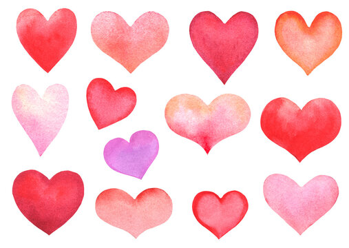 set of various watercolor hearts isolated on white. hand drawn illustration