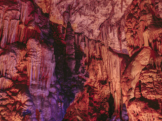 Stalagmite and stalactites, Inside the Melidoni cave. Crete. Greece