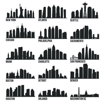 Most Famous USA Cities Skyline City Silhouette Design Collection Set