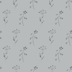 Sprigs of grass summer plant, flower. Pencil sketch simple art square seamless pattern on gray background. Print for fabric, clothes, postcard, wedding, invitation, wrapping paper.