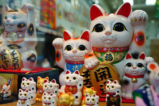 Japanese letter is "Good luck", "Big money", and "Good business". Japanese fortune cat animal doll called Manekineko at Kappabashi, Tokyo, Japan. Welcome fortune and money.