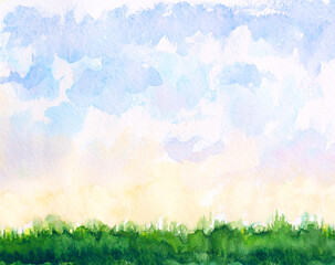 abstract watercolor natural landscape with clouds and grass