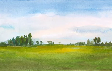 Draagtas watercolor green field landscape background with trees and blue sky. © Ghen