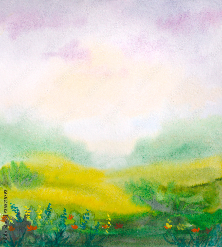 Wall mural watercolor meadow landscape with abstract grass field and sky