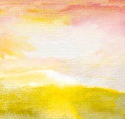 watercolor abstract yellow green field background with sunrise sky and clouds