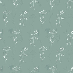 Sprigs of grass summer plant, flower. Contour doodle art square seamless pattern on blue background. Print for fabric, clothes, postcard, wedding, invitation, wrapping paper.