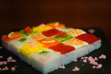 Artificial food made from candle  at Kappabashi, Tokyo, Japan. Japanese traditional food sushi.