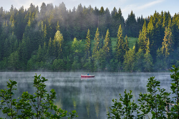 Man is rowing a boat on the foggy lake Karagol / Karagöl at sunrise. Landscape photo was taken in...