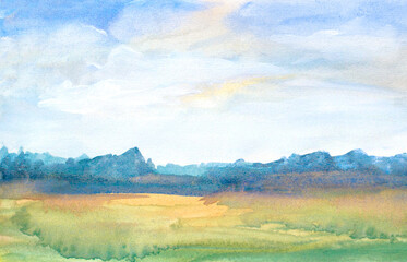 watercolor green field landscape background with abstract trees and blue sky