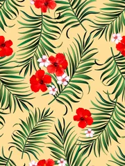 Tuinposter Tropical Seamless hand drawn exotic vector pattern with green palm leaves and hibiscus flower. Summer print for textile design. © Logunova  Elena