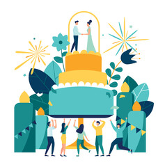 Vector illustration of a big wedding cake with a pair of bride and groom, invitation card, joyful guests, romantic event