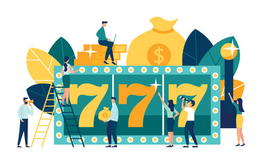 Vector illustration, a slot machine shows three sevens winnings, a jackpot in a casino, a super prize, a combination of numbers brings luck