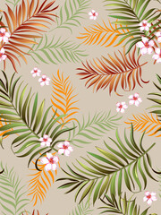 Fototapeta na wymiar Tropical Seamless hand drawn exotic vector pattern with green palm leaves and hibiscus flower. Summer print for textile design.