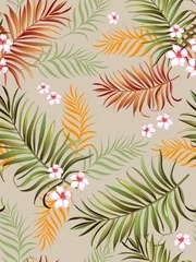 Foto op Canvas Tropical Seamless hand drawn exotic vector pattern with green palm leaves and hibiscus flower. Summer print for textile design. © Logunova  Elena