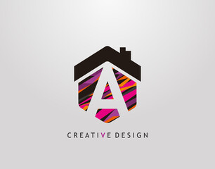 A Letter Logo. Creative hexagon house strip shape with negative space of letter A, Home Studio Icon Design.