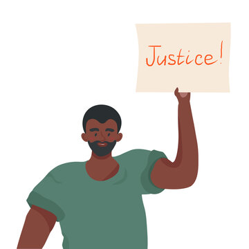 Sad African American young man protesting against racism and police abuse with a banner in his hands. Vector flat illustration for the movement against racism in the police.