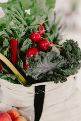 Farmers market organic bio clean fresh vegetables. Radish, kale, chard, rhubarb. Zero waste reusable recycle cotton shopping bag. Modern bright white kitchen. Eco life. Green, red. Vegan. clean food