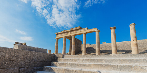 Ancient magnificent Greek pillars of the Lindos acropolis