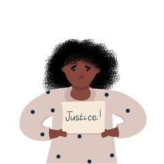 Sad African American girl protesting against racism and police abuse with a banner in her hands. Vector flat illustration for the movement against racism in the police.