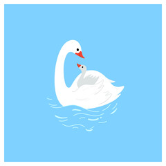 Swan and her duckling. Mother and her child. Decorative greeting card.