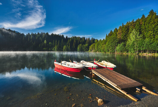 Beautiful landscape photo of Karagol / Karag&ouml;l Lake, surrounded by trees with boats on dock, Savsat / Şavşat, Artvin, Black Sea region of Turkey 