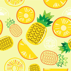 Hand drawn pineapple seamless pattern isolated on yellow pastel background. Vector illustation.