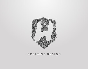 Shield H Letter Logo. Abstract hand drawn shield stroke line shape with negative space of letter H. Modern, minimalist and retro concept design.