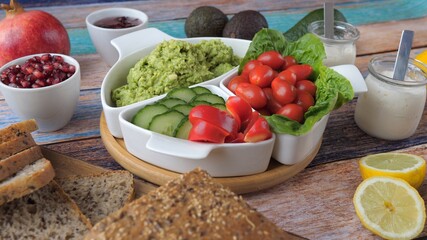 Toasts With Smashed Avocado, Vegetables And Soy Yogurt For Healthy Breakfast. 