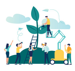 Vector flat illustration, small people prepare for the holiday, save the planet from pollution, grow a plant, World Environment Day, Bio Technology