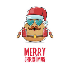 vector rock star santa potato funny cartoon cute character with with red santa hat and calligraphic merry christmas text isolated on white background. rock n roll christmas party poster