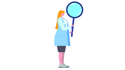 Research Concept. Woman Doctor Character in Medical Robe holds Huge Magnifying Glass. Health Care Checkup, Professional Vector Illustration