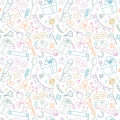 Seamless vector pattern with hand drawn party or celebration event line objects. Colorful palette. For wrapping paper, invitation, greeting cards, gifts, fabrics, wallpapers, web.