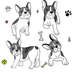 Hand drawn cartoon doodle French Bulldog vector line illustration set.