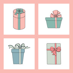 Set of four gift boxes with ribbons isolated on white background.