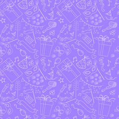 Seamless vector pattern with hand drawn party or celebration event outline elements. Purple and white color palette. For wrapping paper, invitation, greeting cards, gifts, fabrics, wallpapers, web.