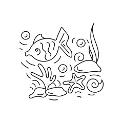 Copy the space for the text. Under water. Marine vector motif . Doodle of the underwater world, sea, ocean, river . Monochrome. Aquariums