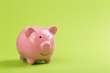 pink piggy bank on a green background.