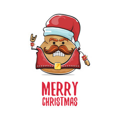 vector rock star santa potato funny cartoon cute character with with red santa hat and calligraphic merry christmas text isolated on white background. rock n roll christmas party poster