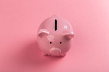 beautiful pink piggy bank on rose background.