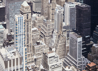 New York City diverse architecture, color toned aerial view, USA.