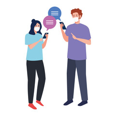 Woman and man with medical masks holding smartphone and bubbles vector design