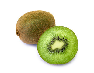 Ripe whole kiwi and half kiwi isolated on white background,Slice of kiwi fruit .