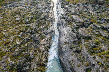 White water rapids in the narrow canyon of Cijevna (Cem) river near Podgorica and Tuzi in Montenegro - aerial view. This ravine is almost brim full with water after heavy rains.