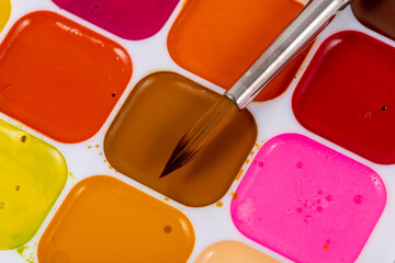 Set of watercolor paints and synthetic brushes for painting. Drawing process.