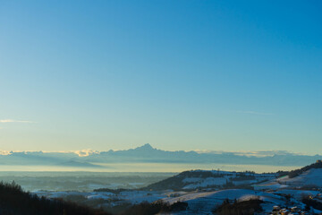 Langhe hills and Monviso duringe the winter , Piedmont - Italy